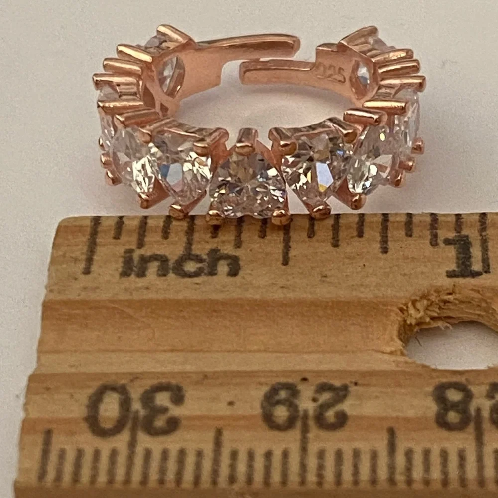 925 Silver heart ring 6-6.50 size adjustable band cz stones 14k rose gold plated